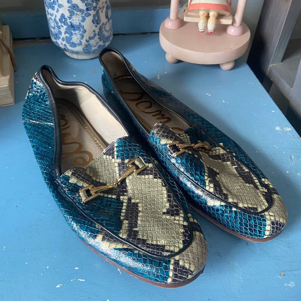 SAM EDELMAN Women's US8.5 Blue Leather Snakeskin-embossed Loraine Loafer